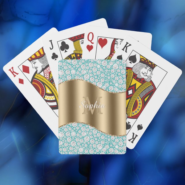 Jeu De Cartes Diamants Glam sur sarcelle, monogramme doré, nom e (Créateur téléchargé)