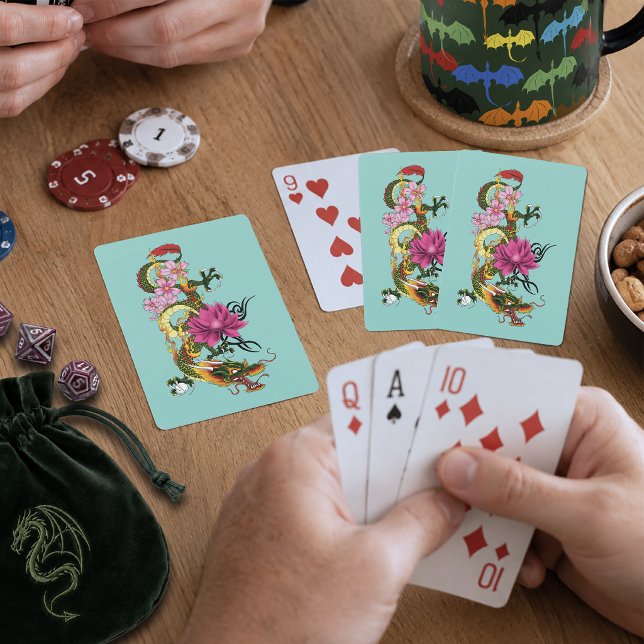 Jeu De Cartes Dragon Chinois Vert Gras Tatouage Lotus Sarcelle (Créateur téléchargé)