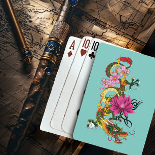 Jeu De Cartes Dragon Chinois Vert Gras Tatouage Lotus Sarcelle