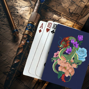Jeu De Cartes Dragon Chinois Vert Mystique Floral Bleu Marine