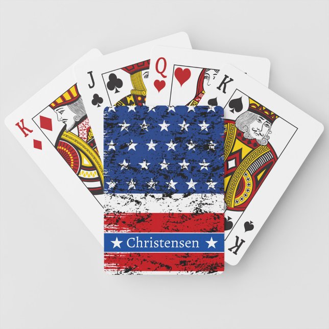 Jeu De Cartes Drapeau américain 4 juillet Nom de l'ancien combat (American Flag 4th of July Patriotic Veteran Name Poker Cards)