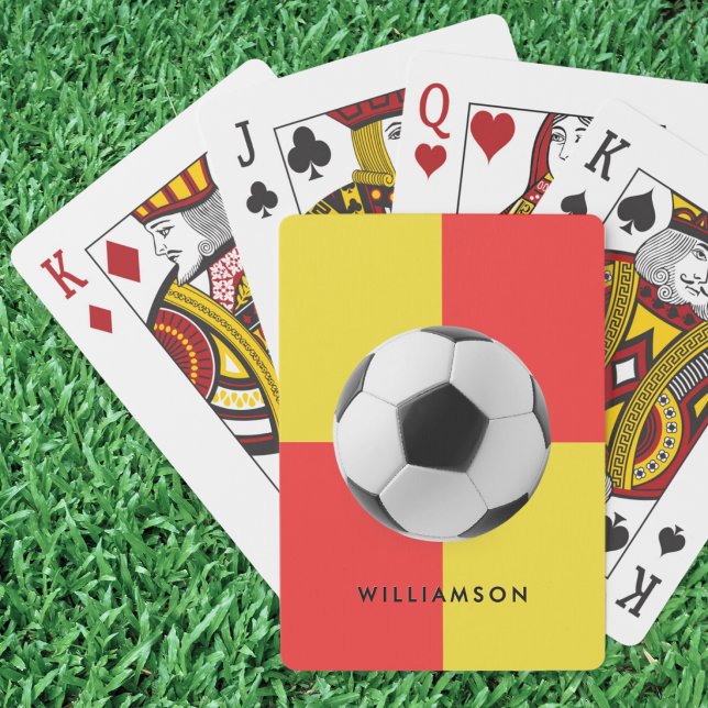 Jeu De Cartes Drapeau de juge de touche arbitre assistant Footba (A set of playing cards with soccer ball and assistant referee flag design, with personalized name)