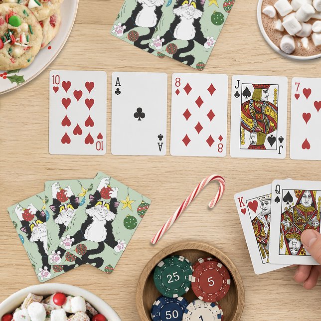 Jeu De Cartes Drôle Mignon Chat Smoking Noir et Blanc Fête Vert (Créateur téléchargé)