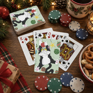Jeu De Cartes Drôle Mignon Chat Smoking Noir et Blanc Fête Vert