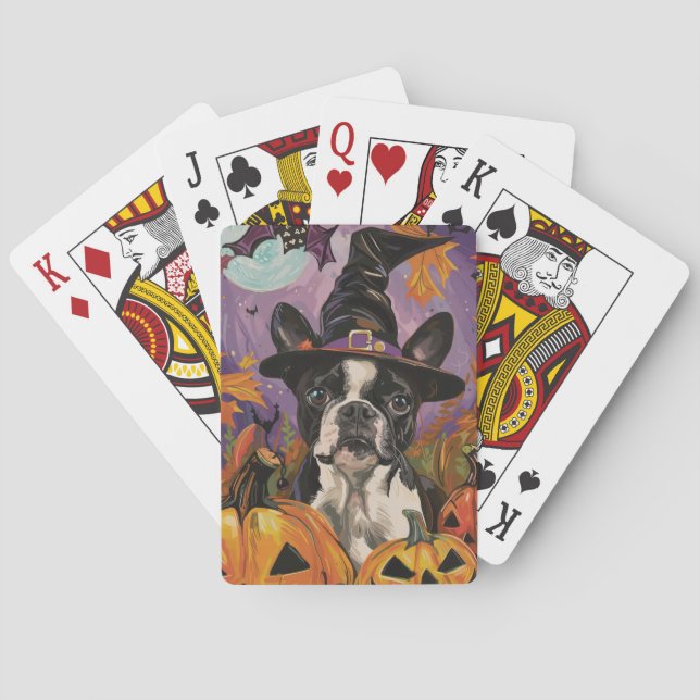 Jeu De Cartes Éffrayant Boston Terrier Halloween Witch Et Citrou (dos)
