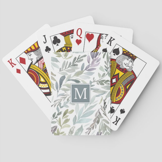 Jeu De Cartes Élégant aquarelle feuilles vert clair gris (dos)