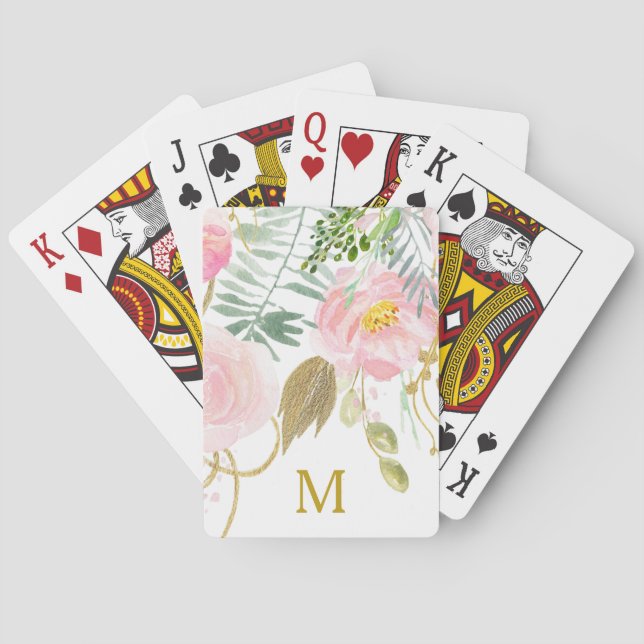 Jeu De Cartes Elégant aquarelle Floral or Monogramme (dos)