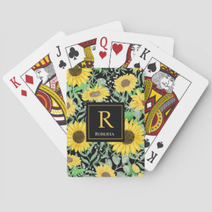 Jeu De Cartes Élégant aquarelle tournesol noir Monogramme