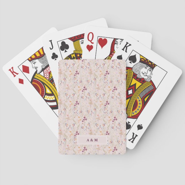 Jeu De Cartes Élégant Boho Aquarelle Fleur Papillon Monogramme (dos)