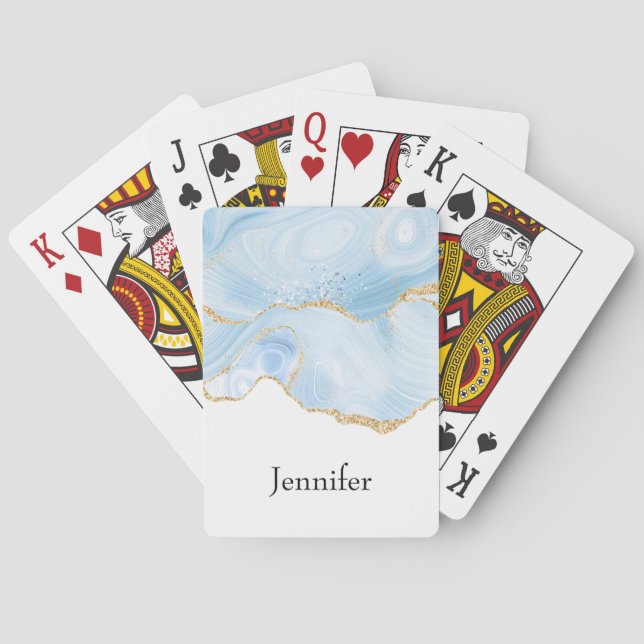 Jeu De Cartes Élégant Cool Bleu Agate avec ruban Parties scintil (dos)