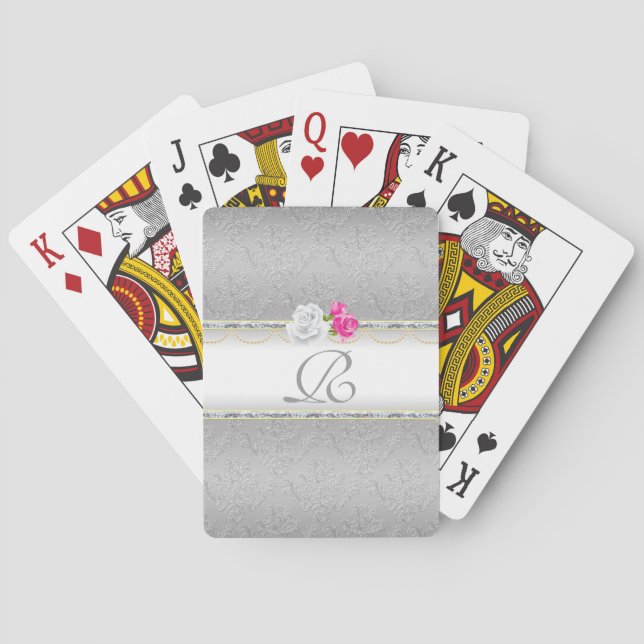 Jeu De Cartes Élégant Damas argenté et monogramme rose (dos)