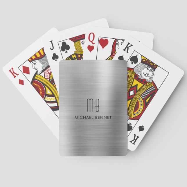 Jeu De Cartes Élégant gris argenté brossé monogramme métallique (dos)