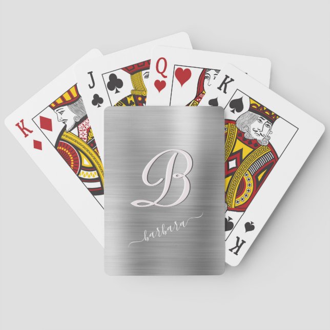 Jeu De Cartes Élégant gris rose brossé Nom du monogramme métalli (dos)