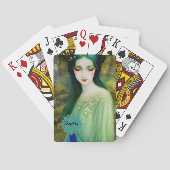 Jeu De Cartes Élégant Imaginaire Portrait femme en vert et bleu (dos)