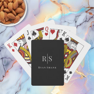 Jeu De Cartes Élégant Monogramme Gris & Nom Blanc sur Fond Noir