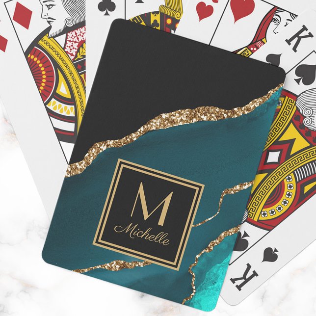 Jeu De Cartes Élégant Monogramme Initial Nom Sarcelle Noir Or  (Elegant teal and black marble monogram playing cards. )
