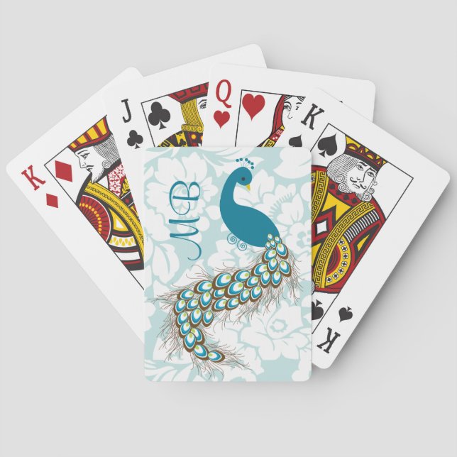 Jeu De Cartes Élégant Monogramme moderne Damask Peacock (dos)