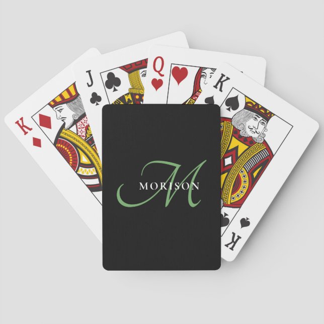 Jeu De Cartes Élégant Monogramme moderne noir vert Script (dos)