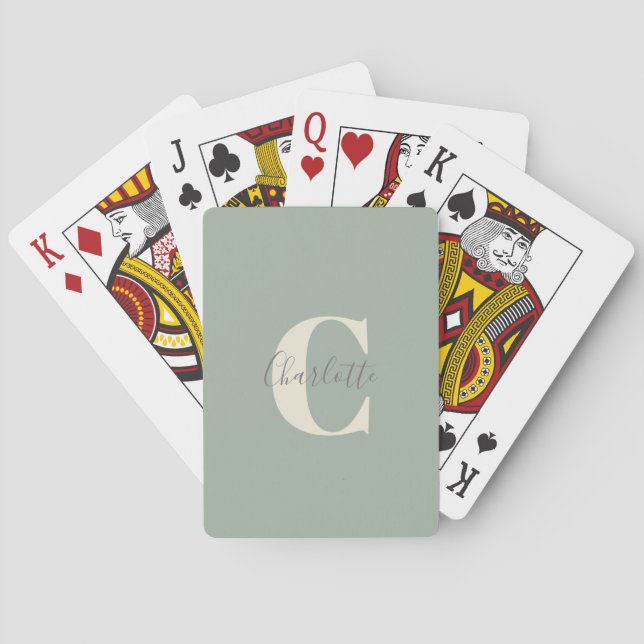 Jeu De Cartes Élégant Monogramme moderne Nom dans Sage Green (dos)