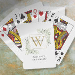 Jeu De Cartes Elégant Monogramme Or Personnalisé Vert<br><div class="desc">Elégant aquarelle vert feuille nom monogramme jouant cartes avec un original en or monogramme. Conçu par Thisisnotme©</div>