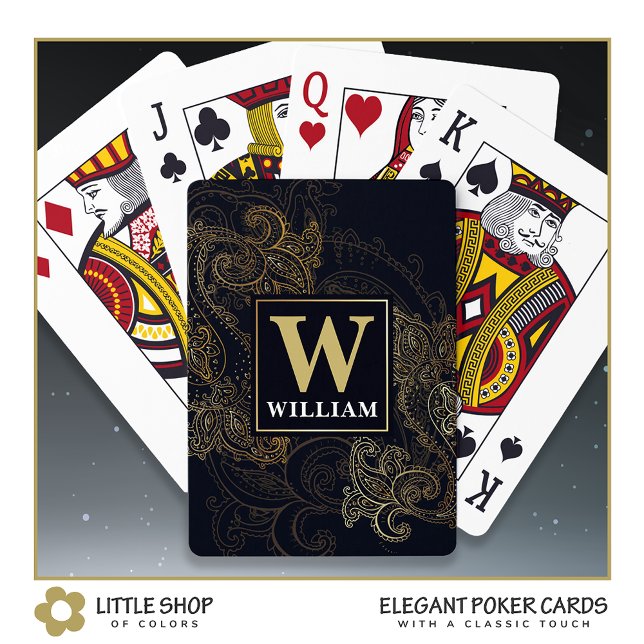 Jeu De Cartes Élégant Monogramme Paisley Noir Or (Créateur téléchargé)