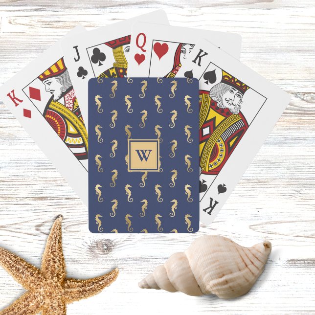 Jeu De Cartes Elegant Navy and Gold Seahorses with Initial (Créateur téléchargé)