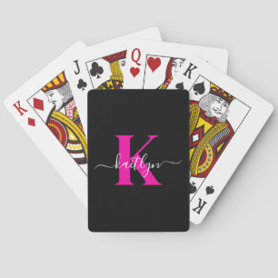 Jeu De Cartes Élégant Noir Hot Rose Script Monogramme