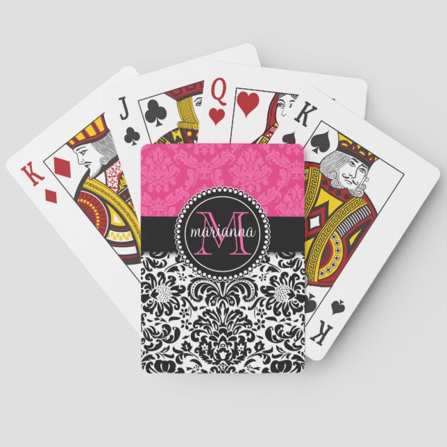 Jeu De Cartes Elégant noir rose Damas Personnalisé (dos)