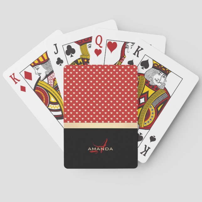 Jeu De Cartes Élégant rouge et noir, Golden Hearts Nom Monogramm (dos)