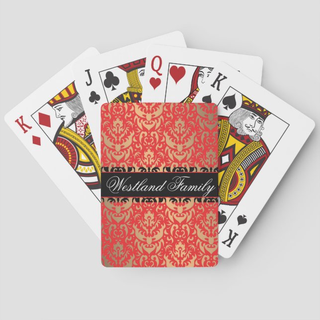 Jeu De Cartes Elegant Rouge et Or Shimmer Damask Ajouter votre n (dos)