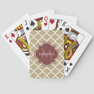 Jeu De Cartes Élégant Tan Quatrefoil Bourgogne Monogramme et nom