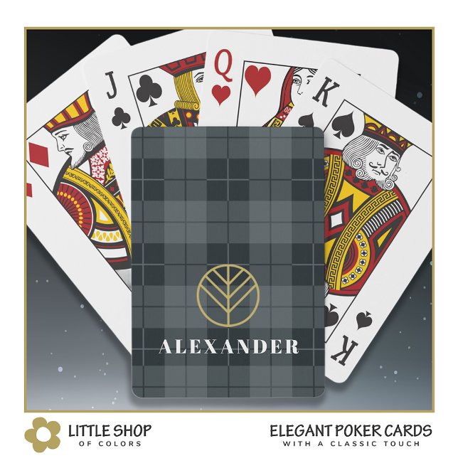 Jeu De Cartes Élégant Tartan à Carreaux Noir et Or Monogramme (Créateur téléchargé)