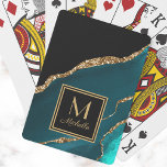 Jeu De Cartes Élégant Turquoise Noir Monogramme Or Nom initial<br><div class="desc">Elégant turquoise,  noir et or parties scintillant en marbre Vélo jouant cartes personnalisées avec votre monogramme/initiale et nom. Transférez cette conception à n'importe quel d'un large choix de téléphone et de coques ipad.</div>