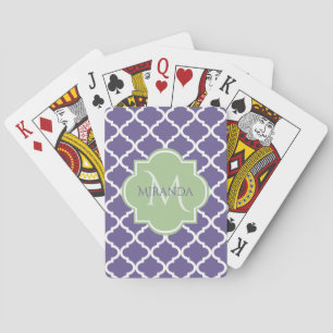Jeu De Cartes Élégant violet Quatrefoil et nom vert Monogramme
