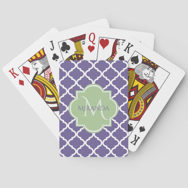 Jeu De Cartes Élégant violet Quatrefoil et nom vert Monogramme (dos)