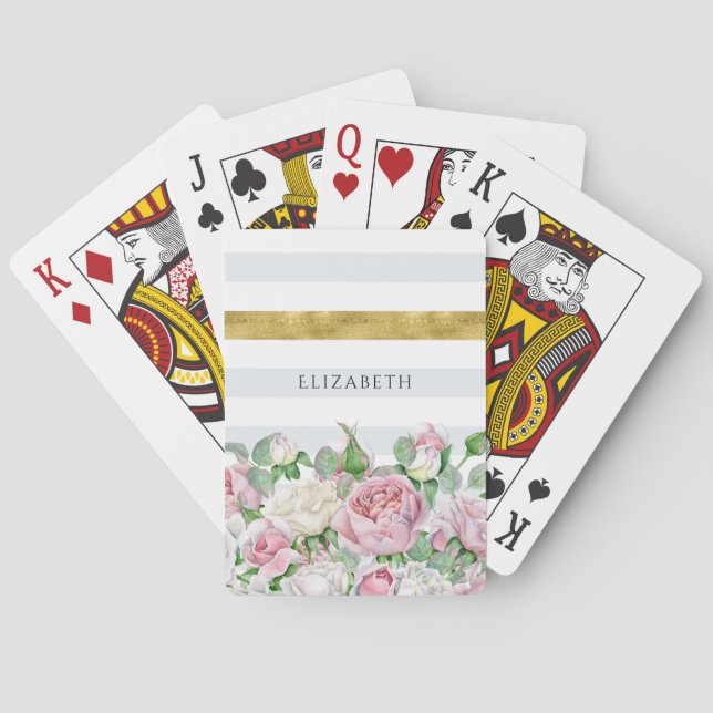 Jeu De Cartes Élégante bande d'or FAUX avec roses roses et nom r (dos)