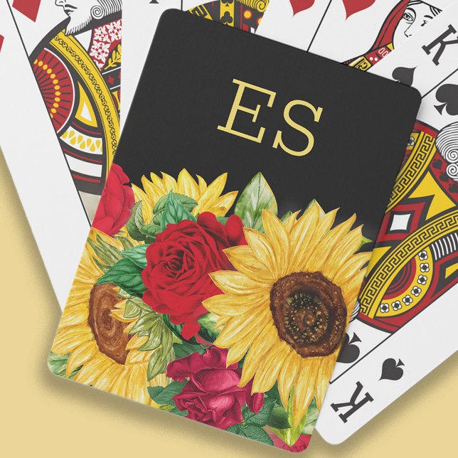 Jeu De Cartes Élégante Roses rouges Fleurs de soleil jaunes Mono (Monogrammed playing cards with sunflowers and red roses on black)