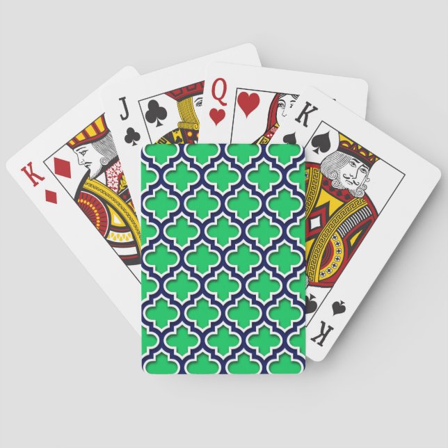 Jeu De Cartes Emerald Green Navy White Quatrefoil marocain #5DS (dos)