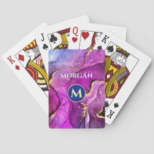 Jeu De Cartes Encre Liquide Rouge-Violet & Or, Monogramme & Nom