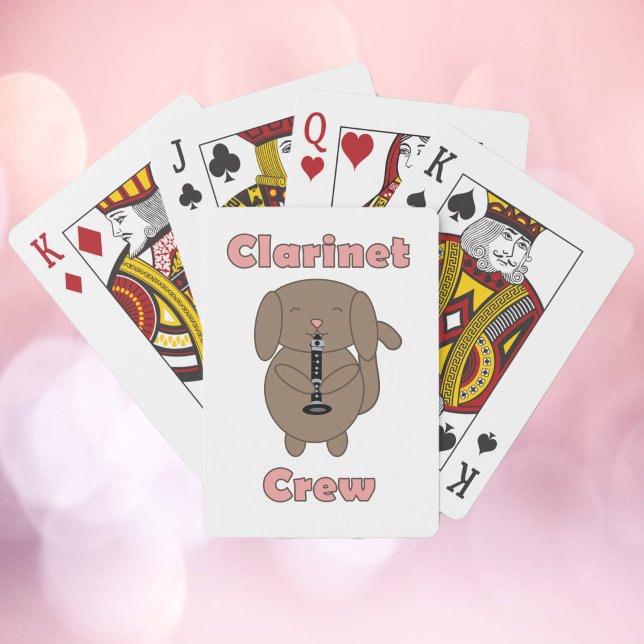 Jeu De Cartes Équipage de clarinette mignon Chien marron de dess (A deck of playing cards with a dog playing a clarinet on the back.  The text says clarinet crew.)