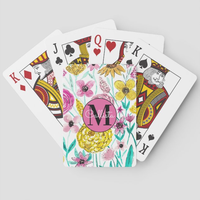 Jeu De Cartes Été rose Fleurs Jaunes Aquarelle Monogramme (dos)