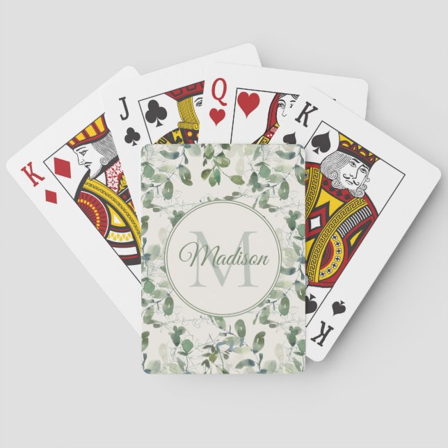 Jeu De Cartes Feuilles de Eucalyptus Vert Sauge Crème Monogramme (dos)