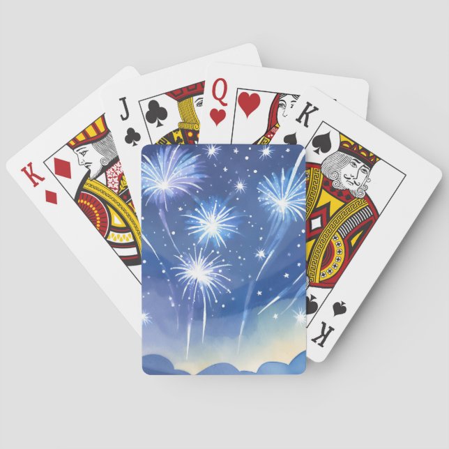 Jeu De Cartes Feux d'artifice bleus | Aquarelle de célébration d (dos)