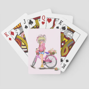 Jeu De Cartes Fille Blonde mignonne avec Vélo rose et Chat en Fl
