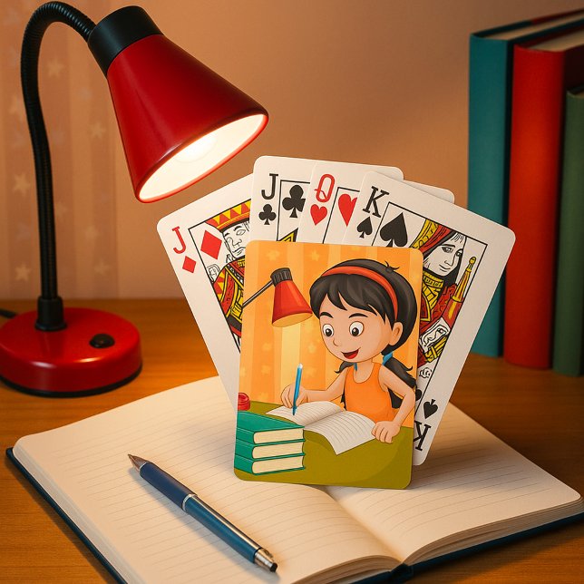 Jeu De Cartes Fille étudiant à un bureau faisant ses devoirs (Créateur téléchargé)