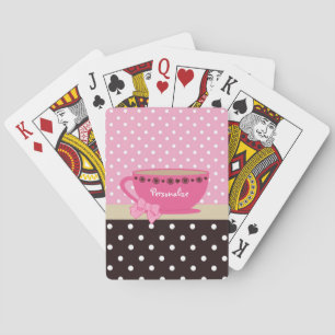 Jeu De Cartes Fille Teacup rose et Brown Polka Dot Bow et nom