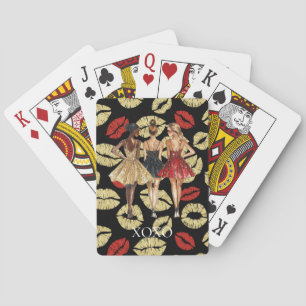 Jeu De Cartes Filles en robes glamour or noir rouge lèvres baise