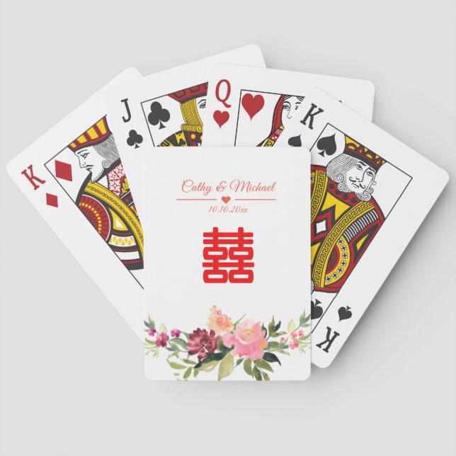 Jeu De Cartes Fleur aquarelle double bonheur mariage chinois (dos)