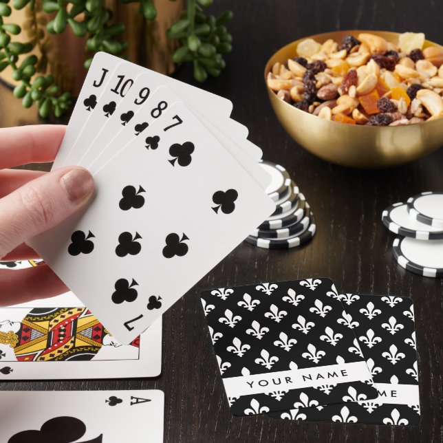 Jeu De Cartes Fleur de Lis, Blanc sur Noir, Blanc, Votre Nom (In Situ)