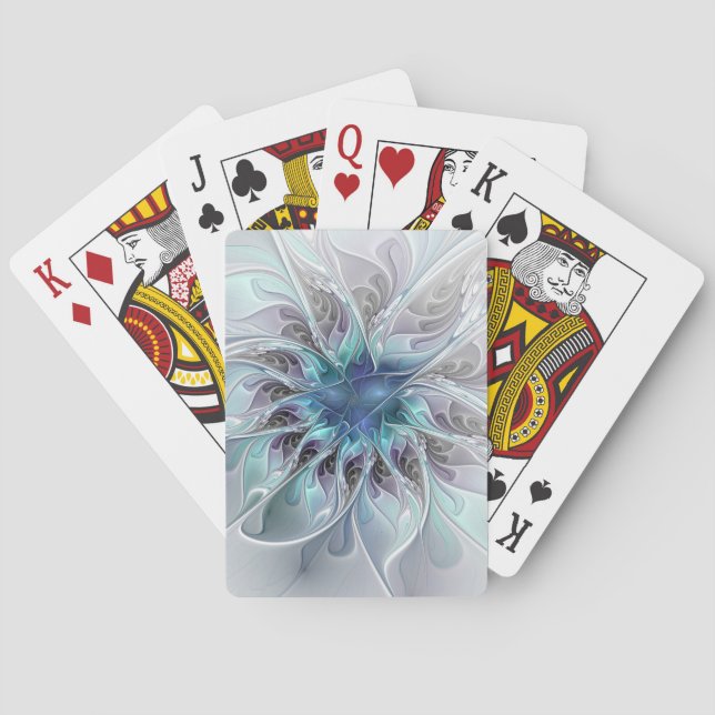 Jeu De Cartes Fleur fractale moderne abstraite avec du bleu (dos)